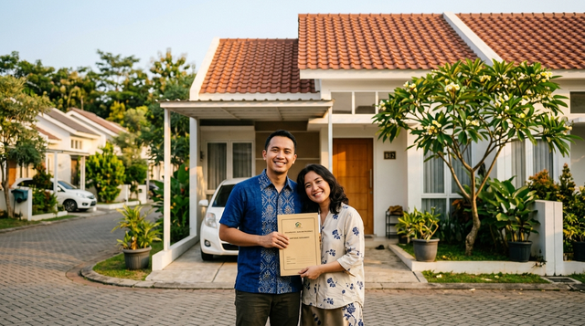 Pasangan muda Indonesia berdiri di depan rumah tapak baru sambil memegang dokumen KPR